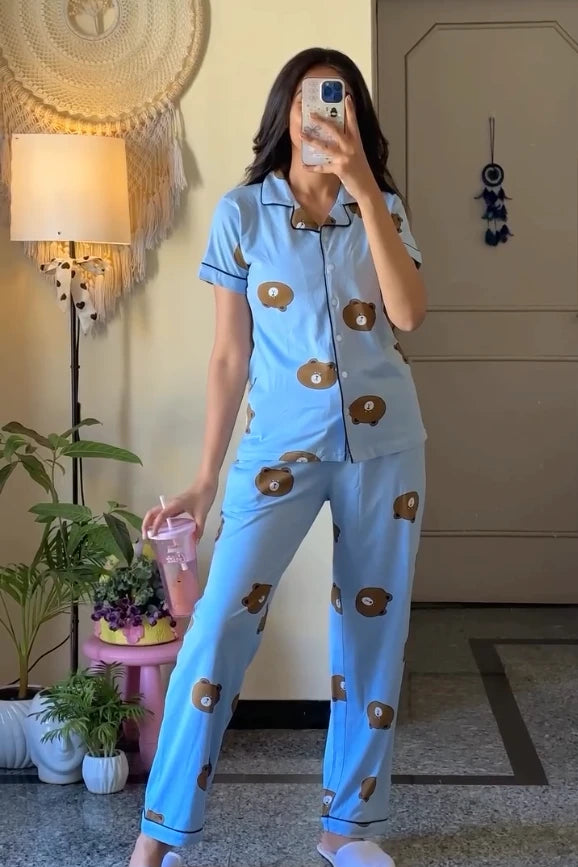 A Young Lady in Animal (Bear) Print Nightwear Pyjama Set by NapStory