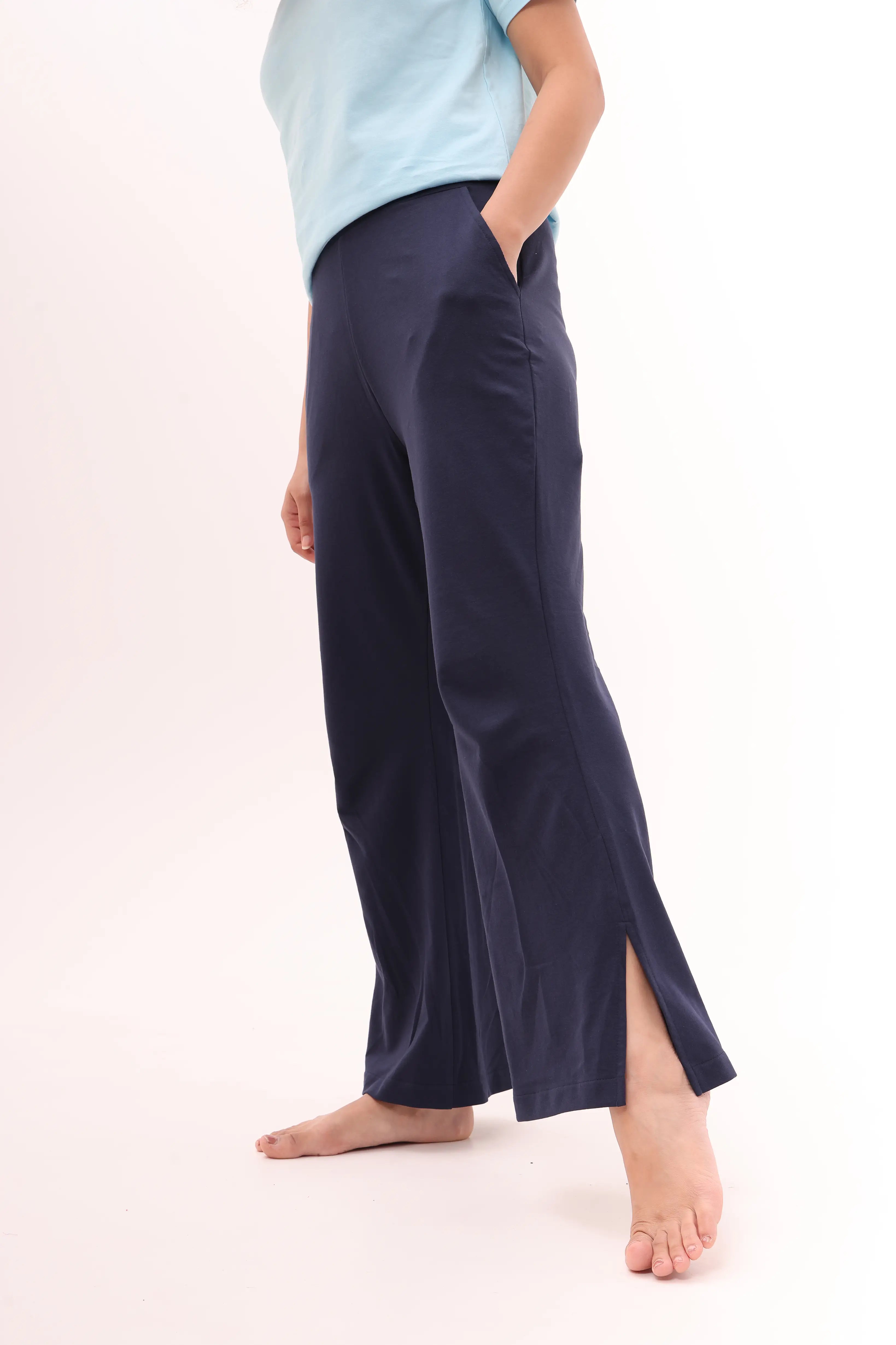 Navy Flared Side Slit Pants 100% Cotton Loungewear for Women by