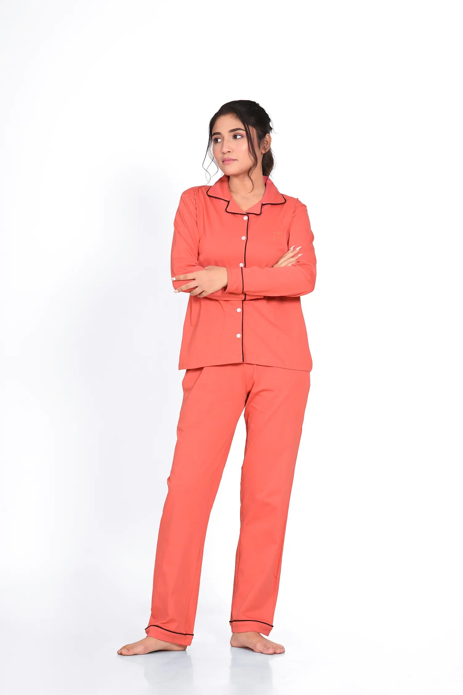 Coral Orange Full Sleeve Nightsuit Set - NapStory