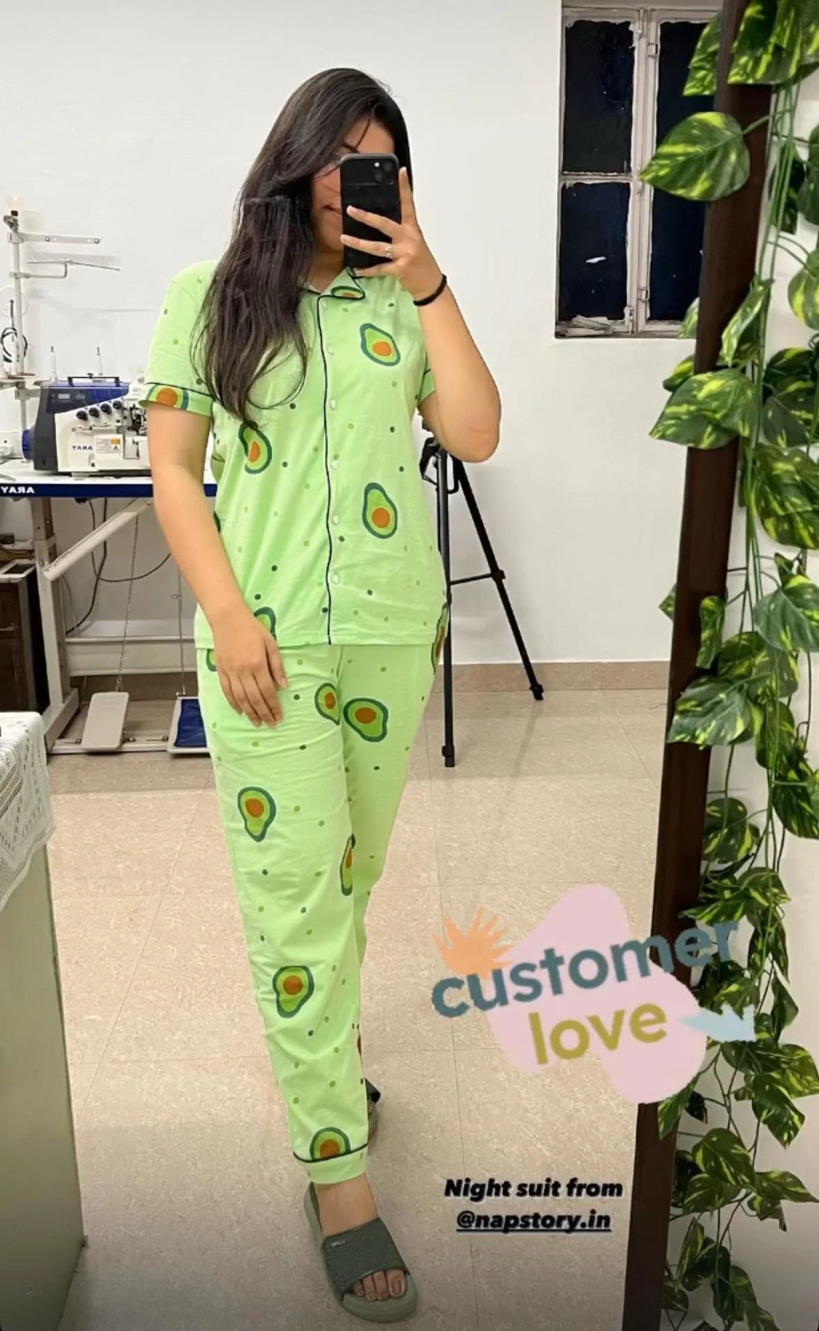 Woman wearing light green avocado print night suit/ pyjama set - Napstory
