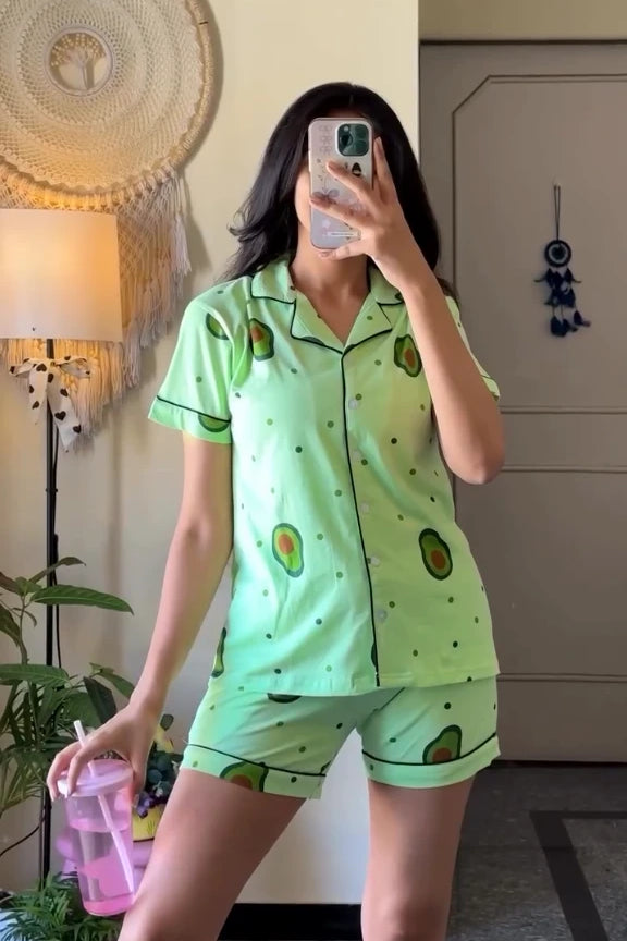 Woman Wearing Avocado (Fruit) Print Shorts Set by NapStory
