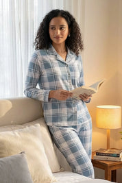 Azure Checks Full Sleeves Cotton Pyjama Set