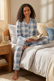 Azure Checks Full Sleeves Cotton Pyjama Set