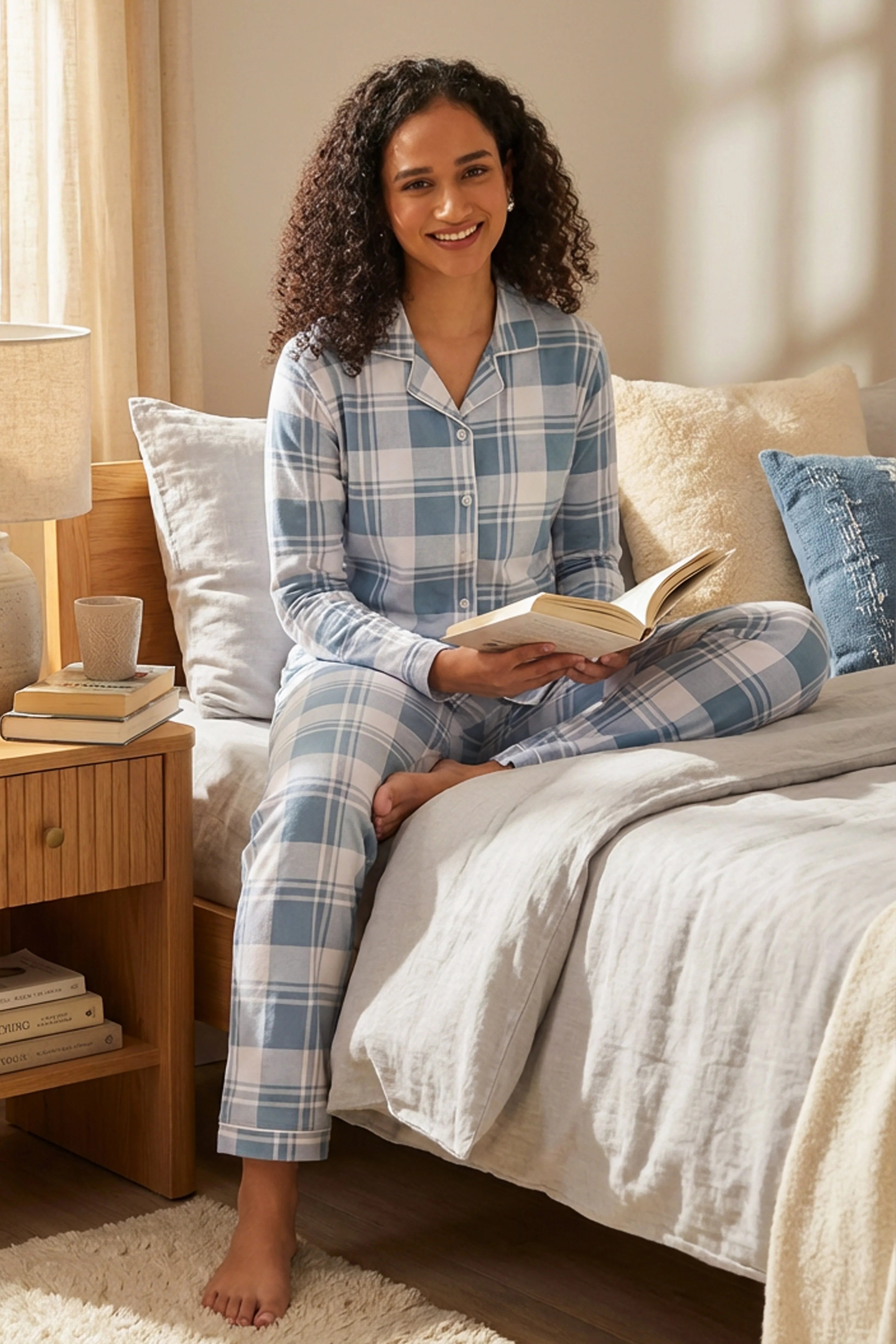 Azure Checks Full Sleeves Cotton Pyjama Set
