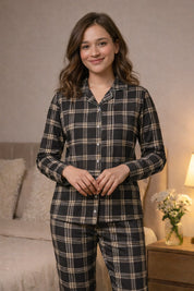 Brown Cocoa Checks Full Sleeves Pyjama Set