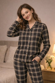 Brown Cocoa Checks Full Sleeves Pyjama Set