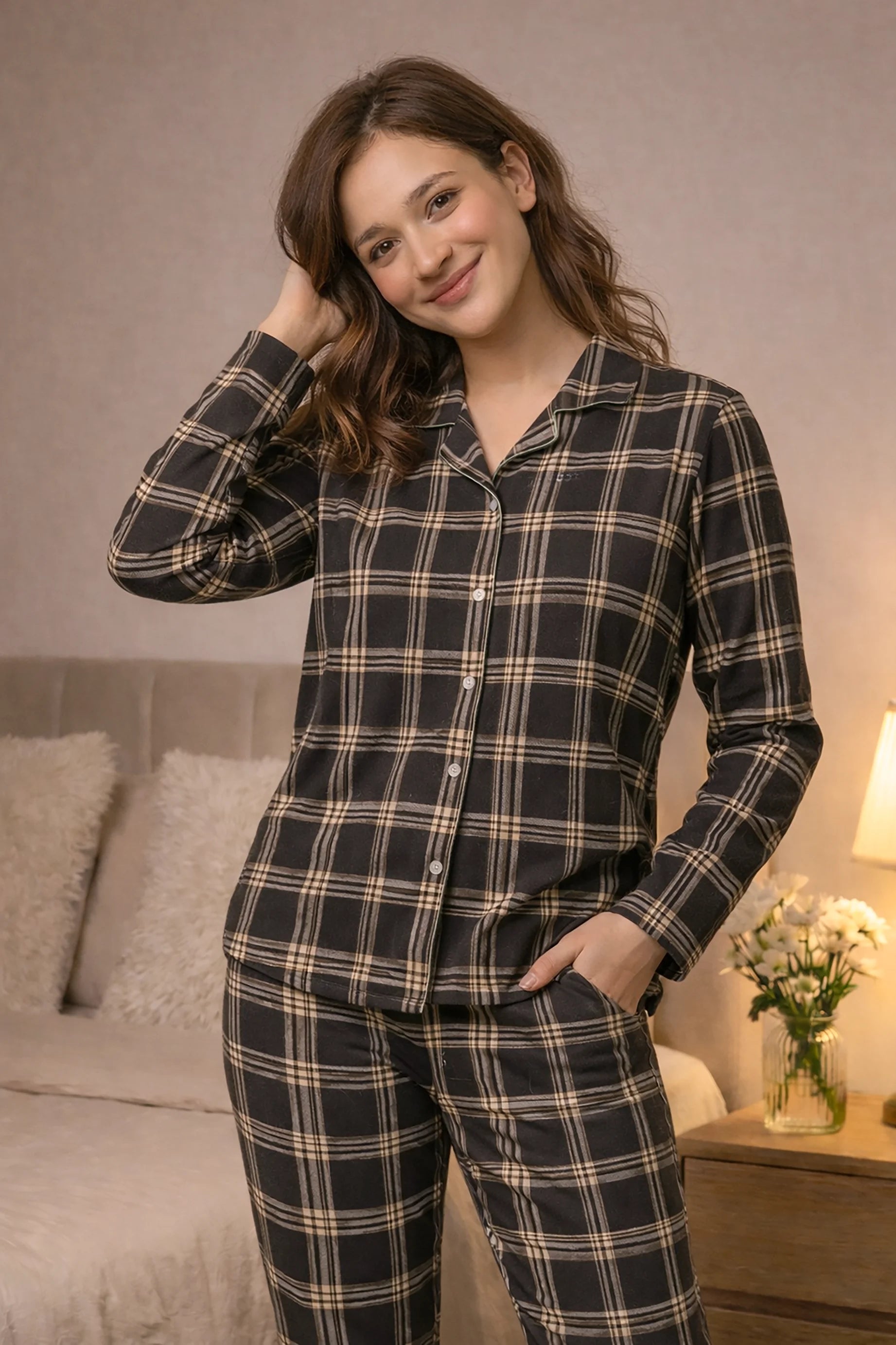 Brown Cocoa Checks Full Sleeves Pyjama Set