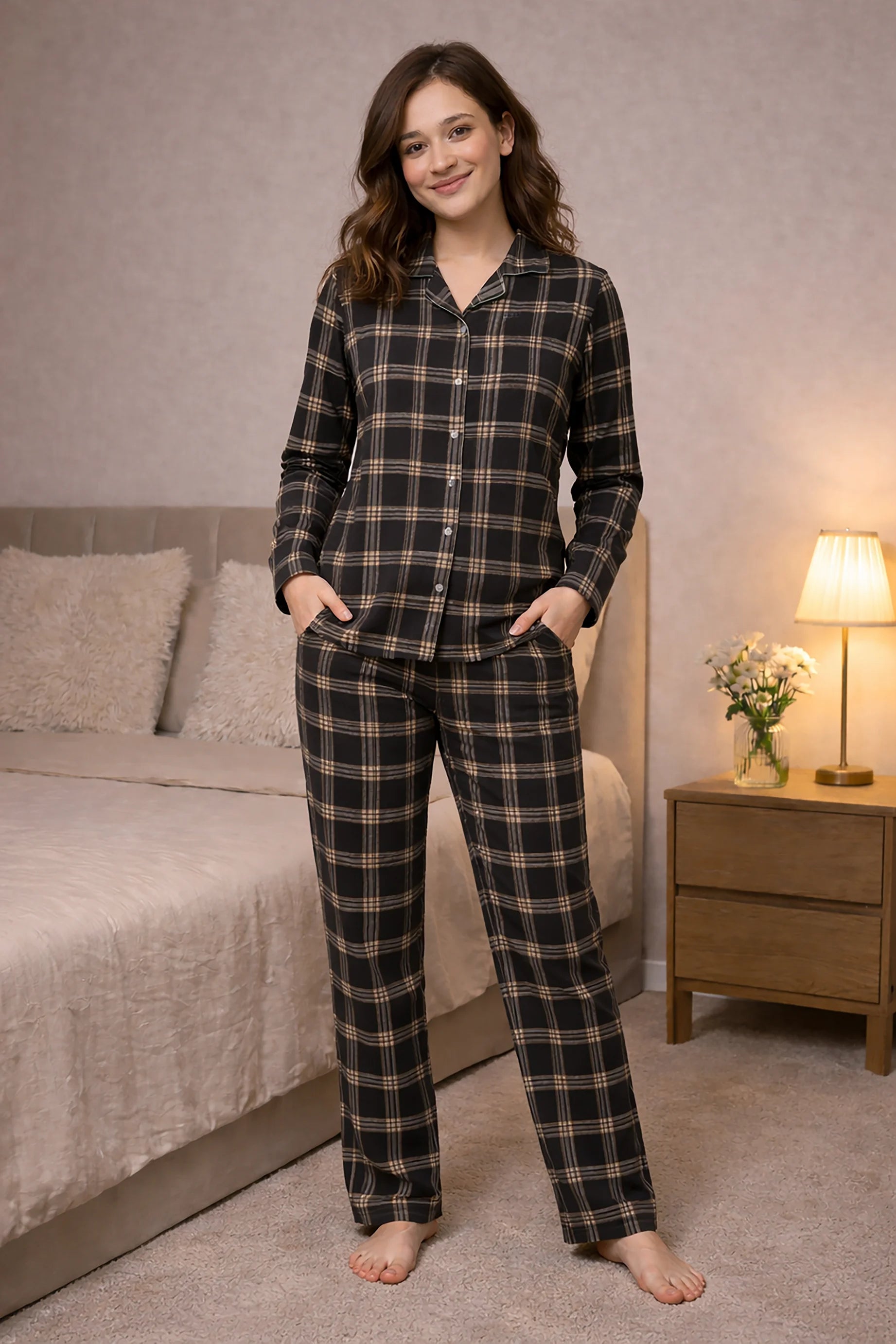 Brown Cocoa Checks Full Sleeves Pyjama Set