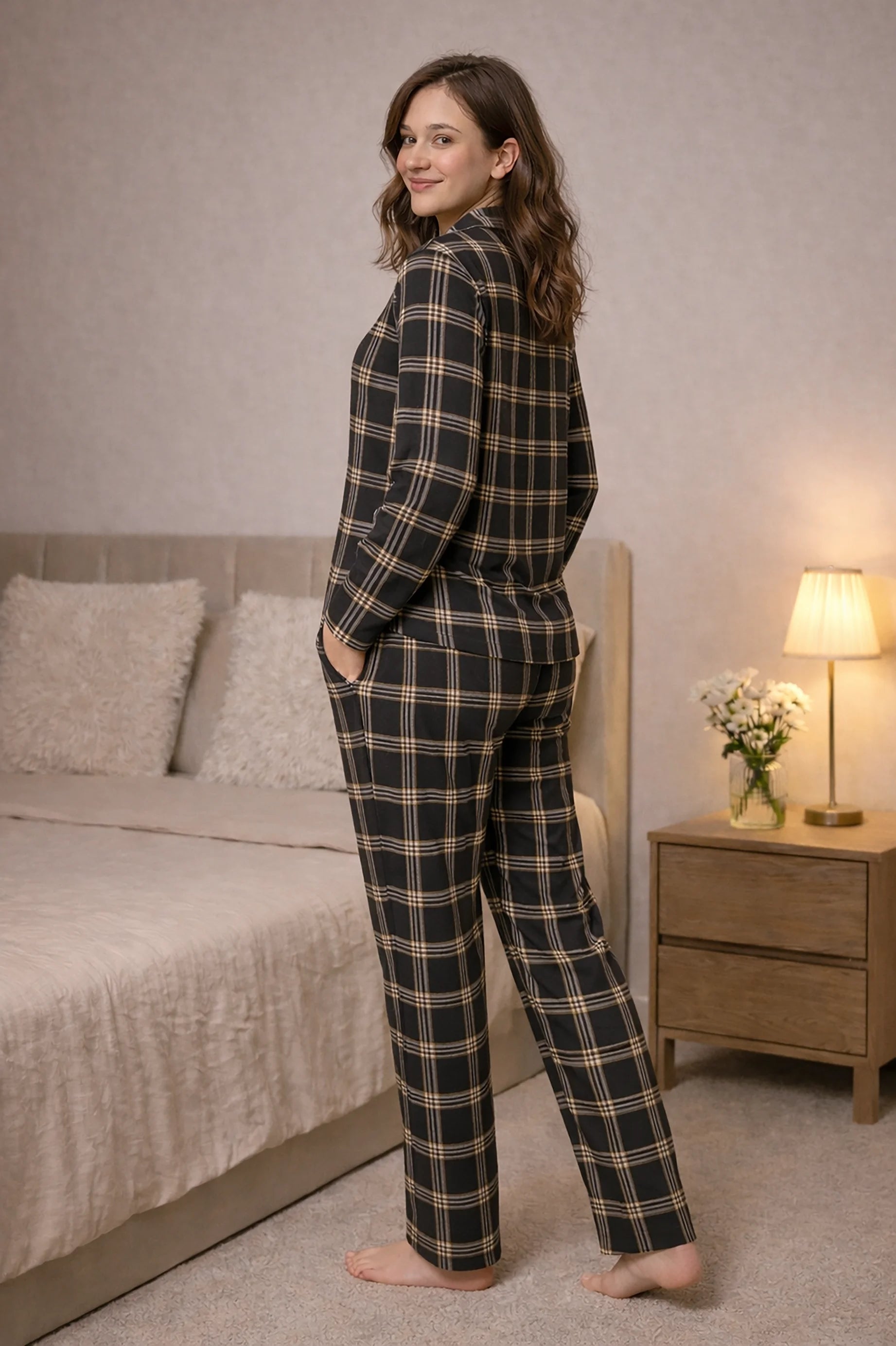 Brown Cocoa Checks Full Sleeves Pyjama Set