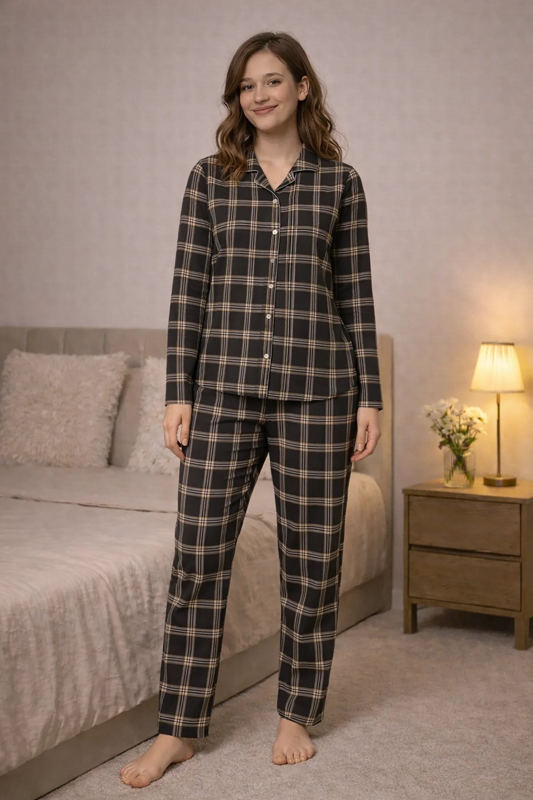 Brown Cocoa Checks Full Sleeves Pyjama Set