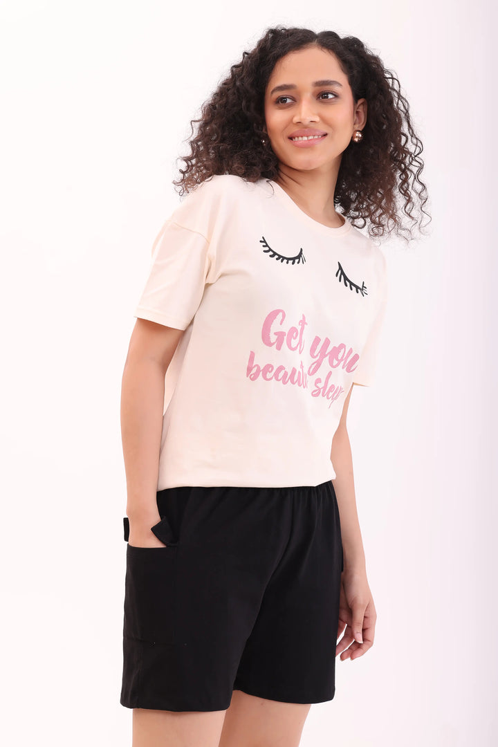 Ecru White Oversize Tee & Black Cargo Shorts Lounge Set