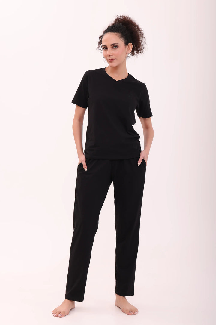 Black V-neck Tee & Basic Black Pyjama Lounge Set