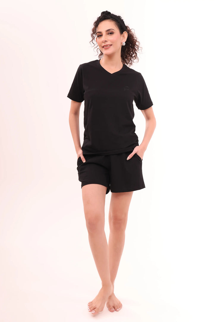 Black V-neck Tee & Basic Black Shorts Lounge Set