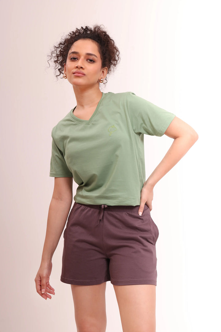 Leaf Green V-neck Tee & Basic Brown Shorts Lounge Set
