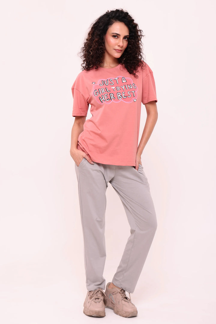 Rose Pink Oversize Tee & Basic Grey Pyjama Lounge Set