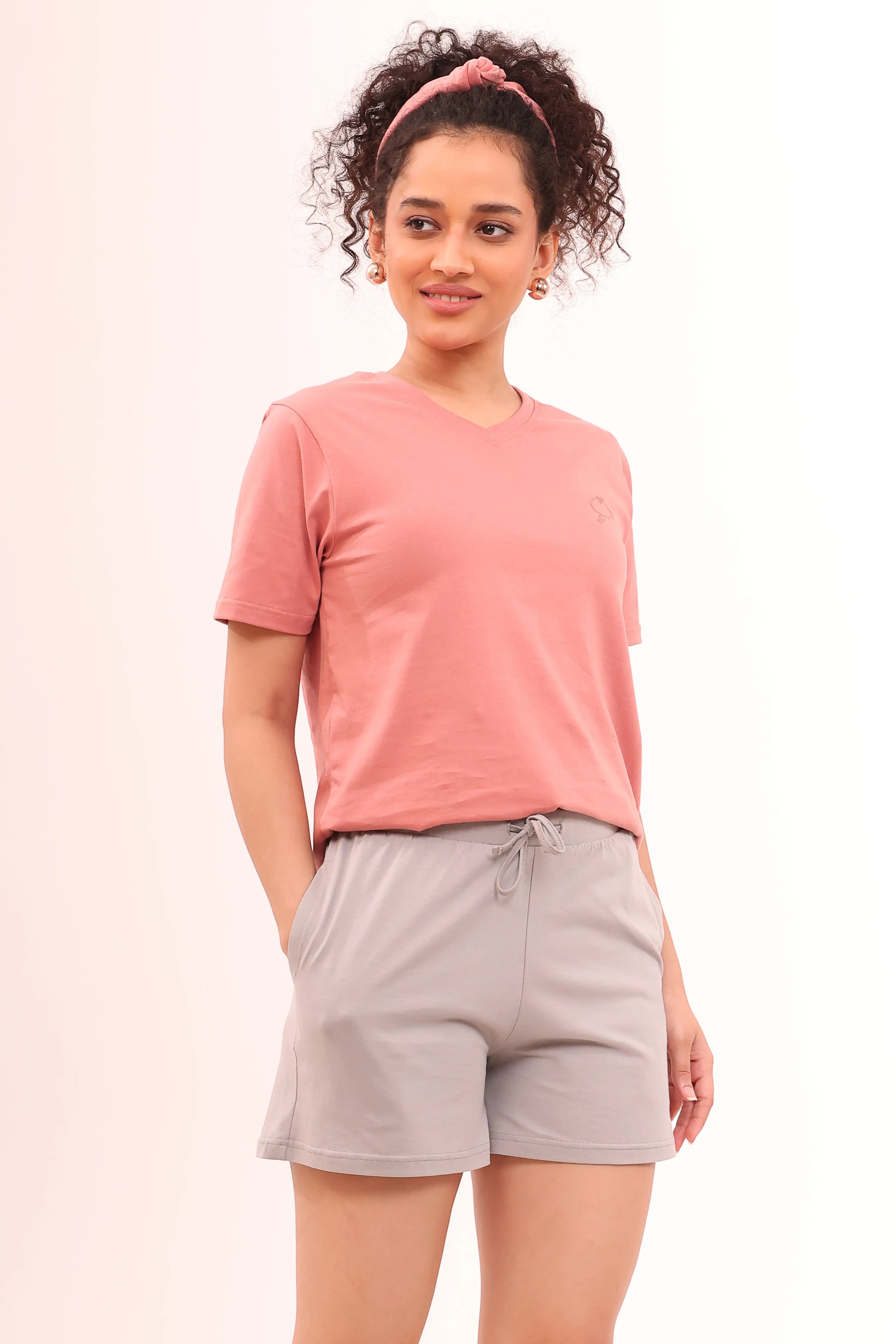 Rose V-neck Tee & Basic Grey Shorts Lounge Set