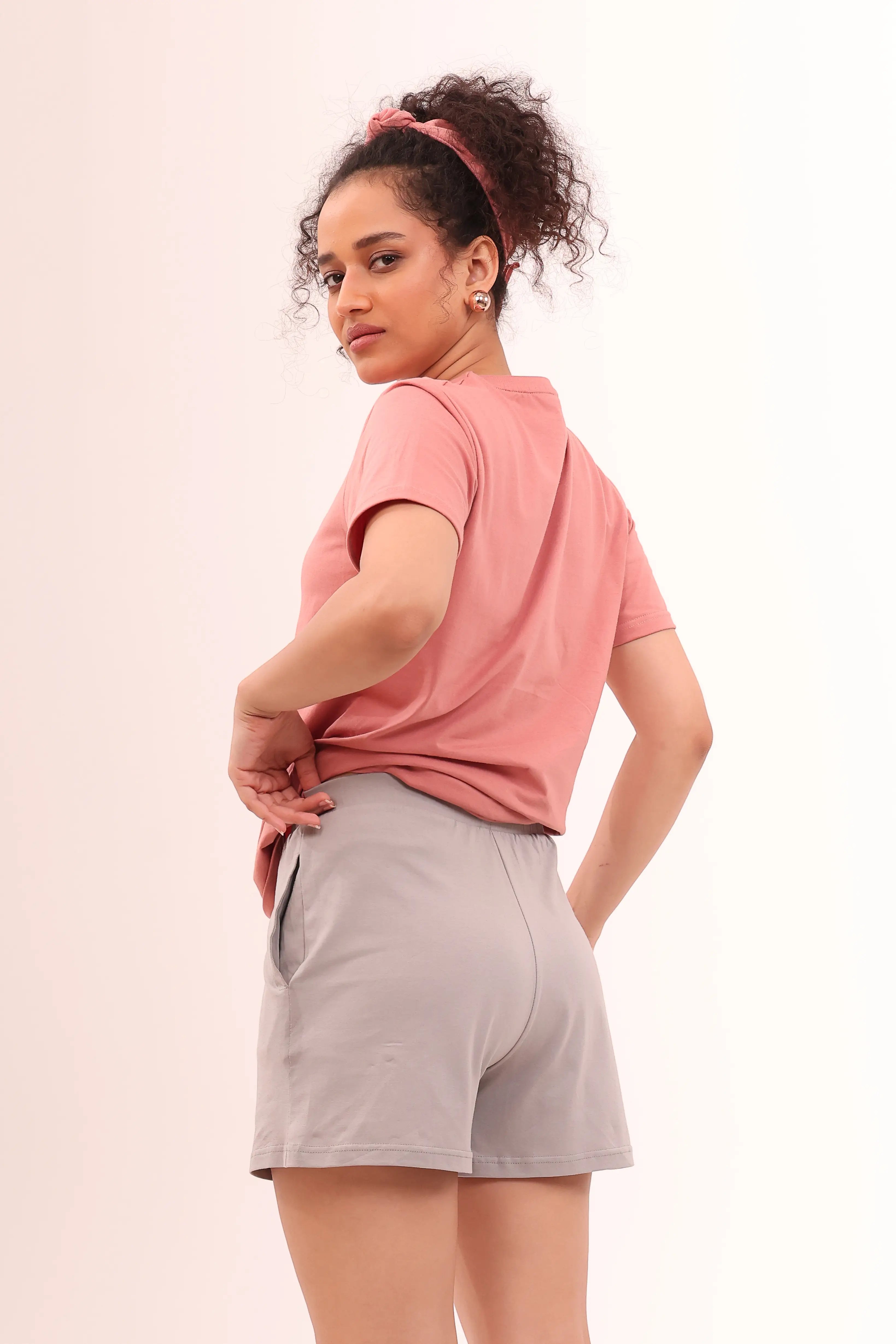 Rose V-neck Tee & Basic Grey Shorts Lounge Set