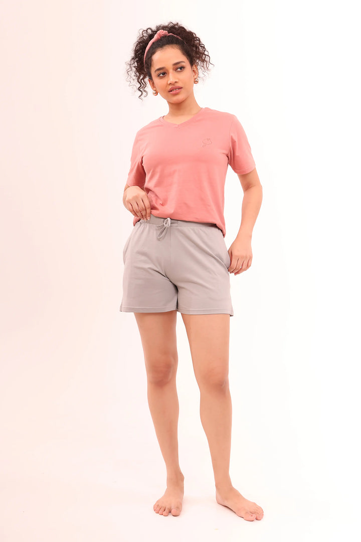 Rose V-neck Tee & Basic Grey Shorts Lounge Set