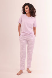 Full-length view of Lavender V-Neck Tee paired with polka dot cotton pyjamas by NapStory