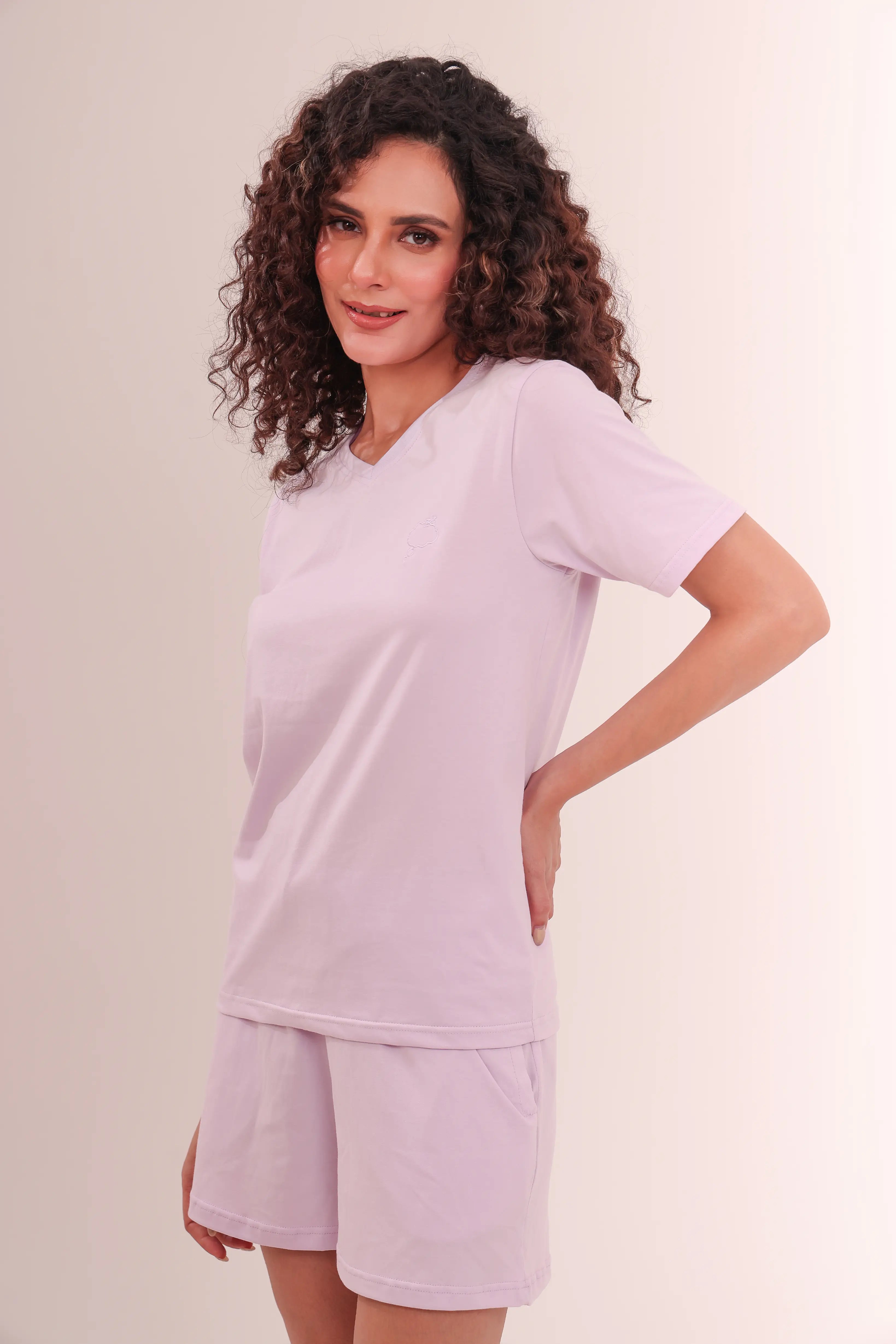 Woman posing in Lavender V-Neck cotton Tee by NapStory