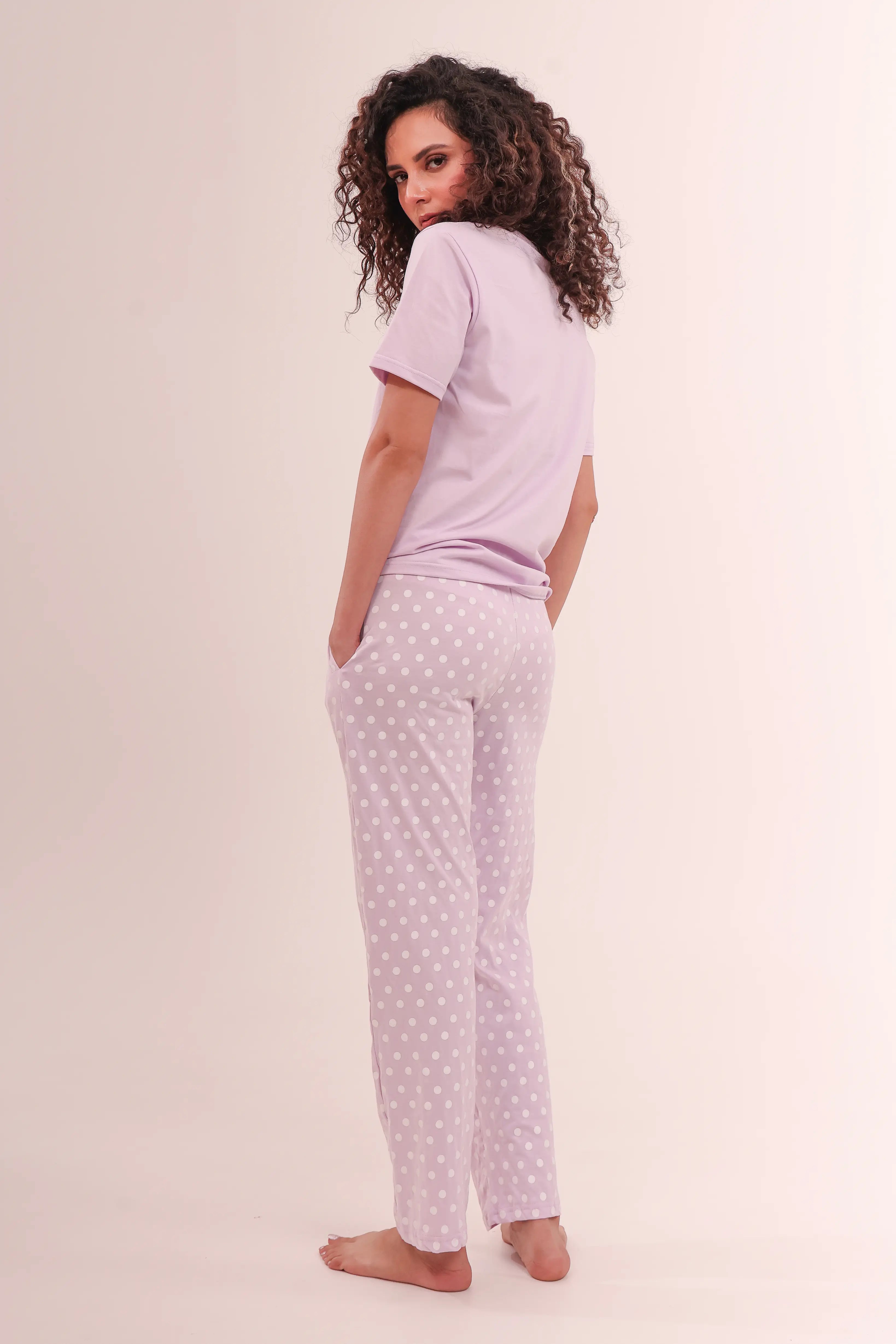 Back view of Lavender V-Neck Tee with polka dot pyjamas for women by NapStory
