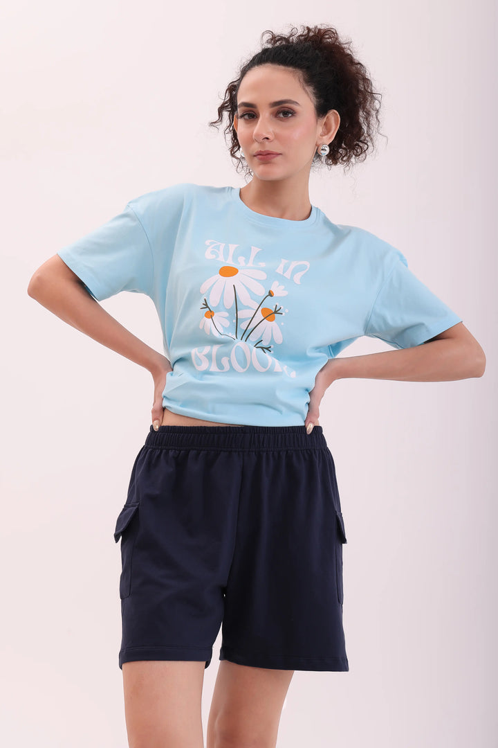 Sky Blue Oversize Tee & Navy Cargo Shorts Lounge Set