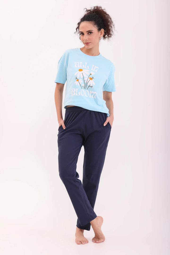 Sky Blue Oversize Tee & Basic Navy Pyjama Lounge Set