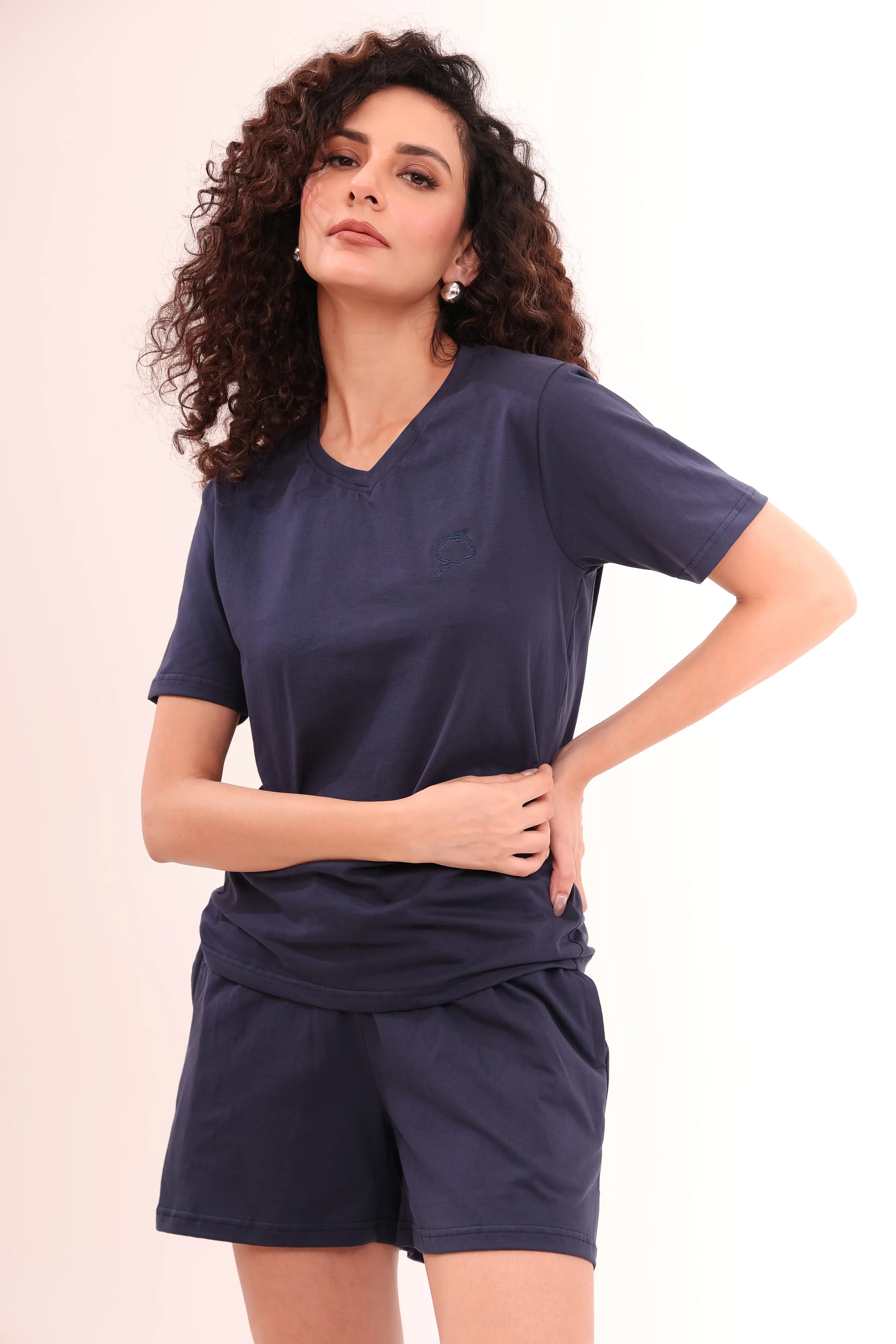 Front pose of woman wearing Basic Navy V-Neck Cotton Tee loungewear by NapStory
