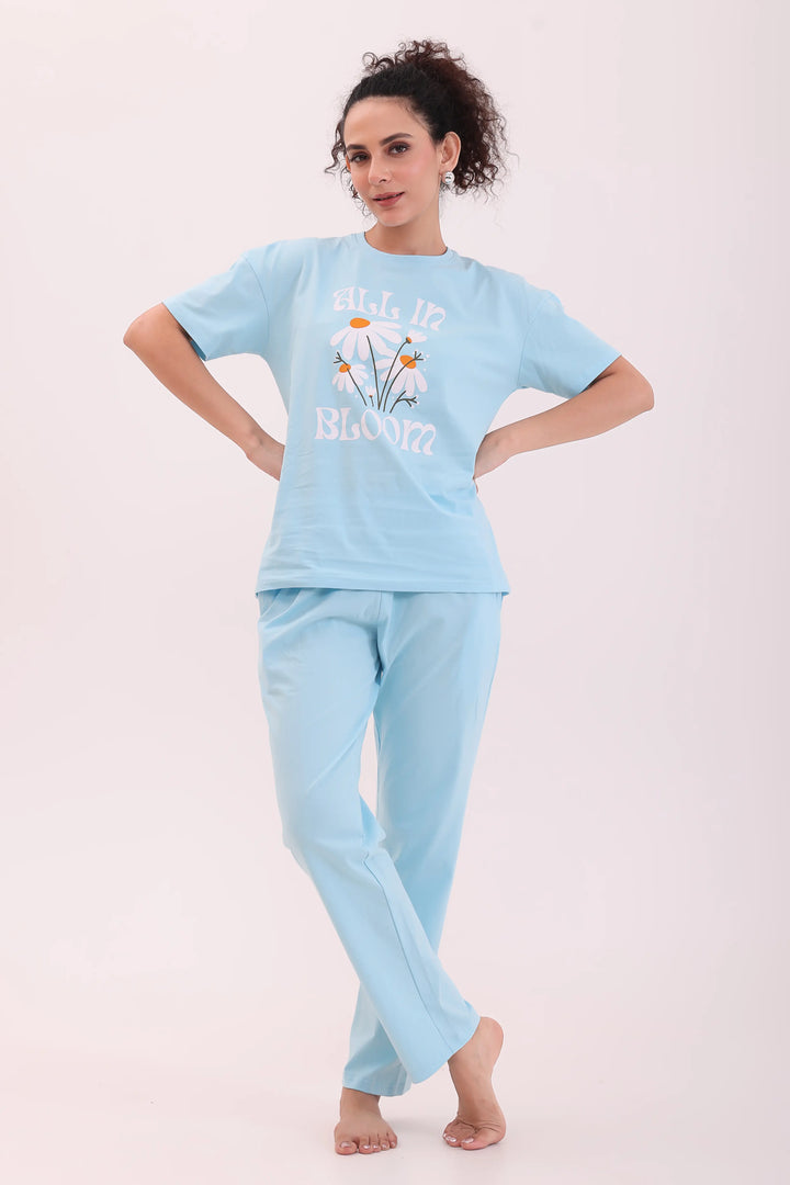 Sky Blue Oversize Tee & Basic Sky Blue Pyjama Lounge Set