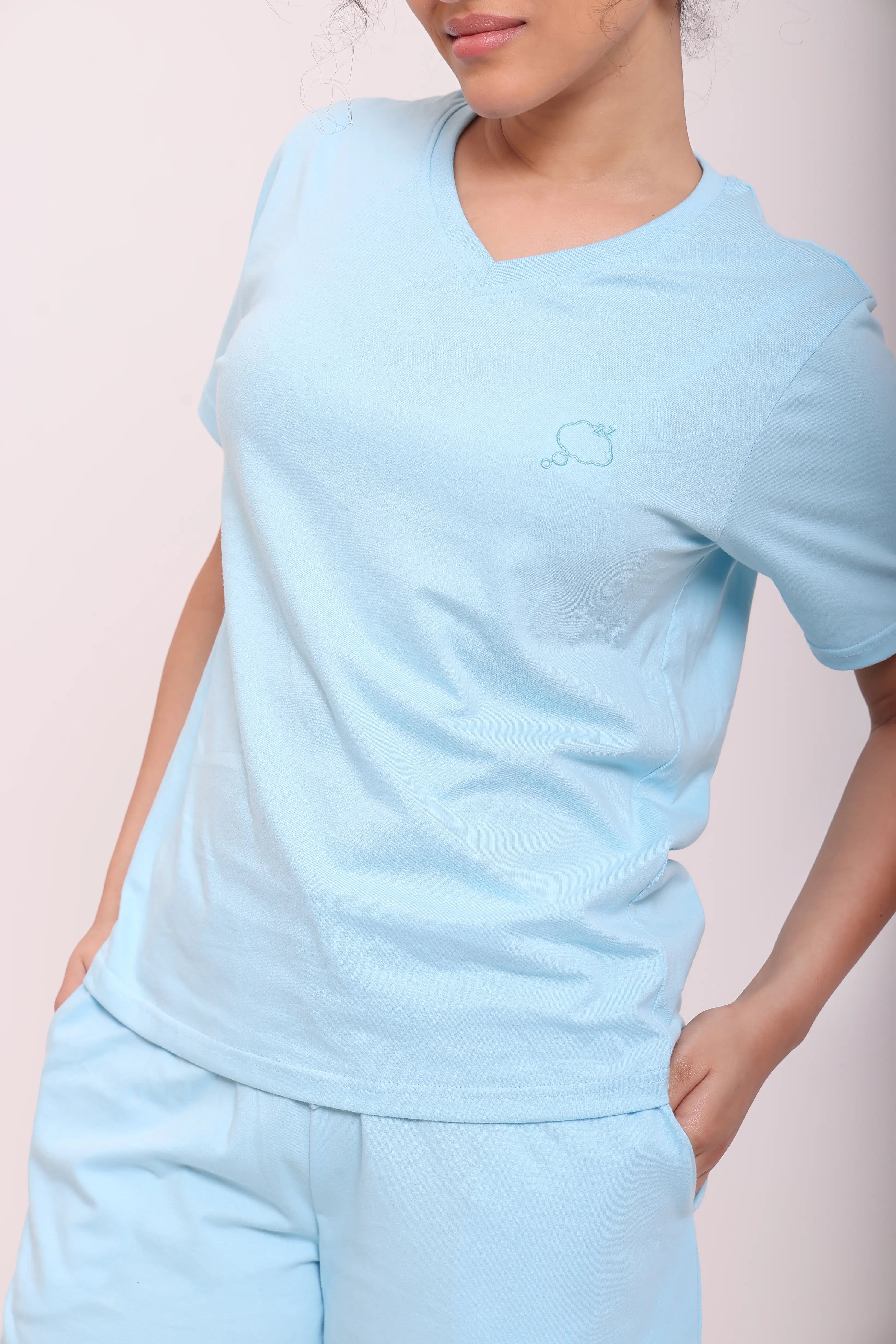 Close-up of Basic Sky Blue Cotton V-Neck Tee highlighting neckline and fabric by NapStory