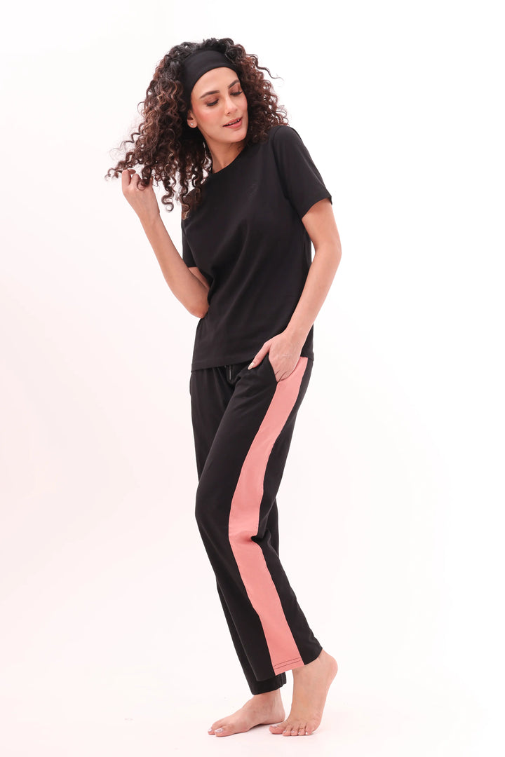 Black Tee & Black Contrast Striped Pyjama Lounge Set