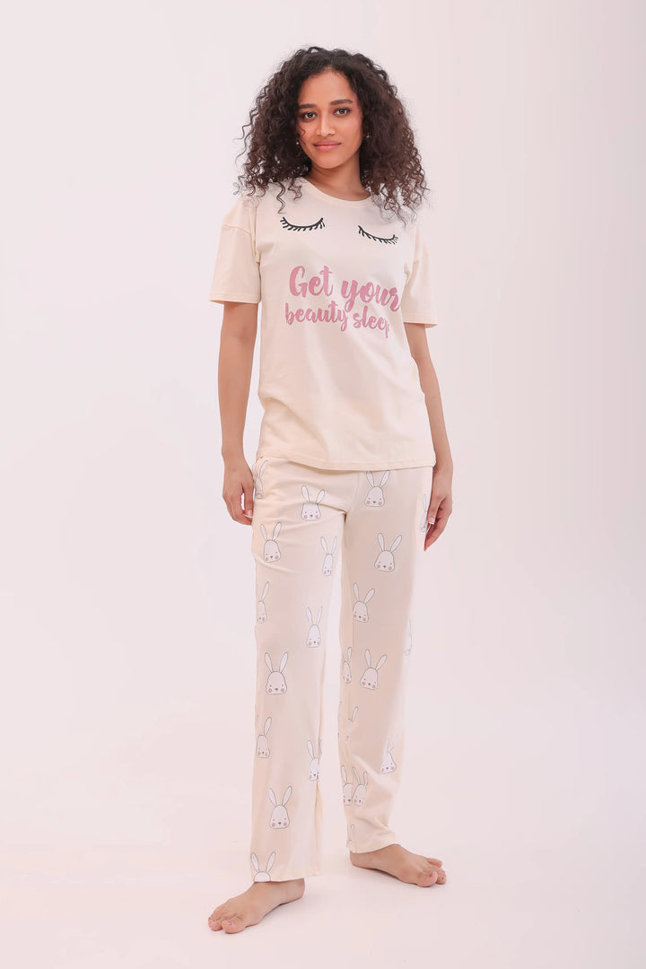 Ecru White Oversize Tee & Bunny Pyjama Lounge Set