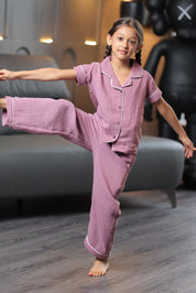 Burgundy Crinkled Muslin Kids Pyjama Set