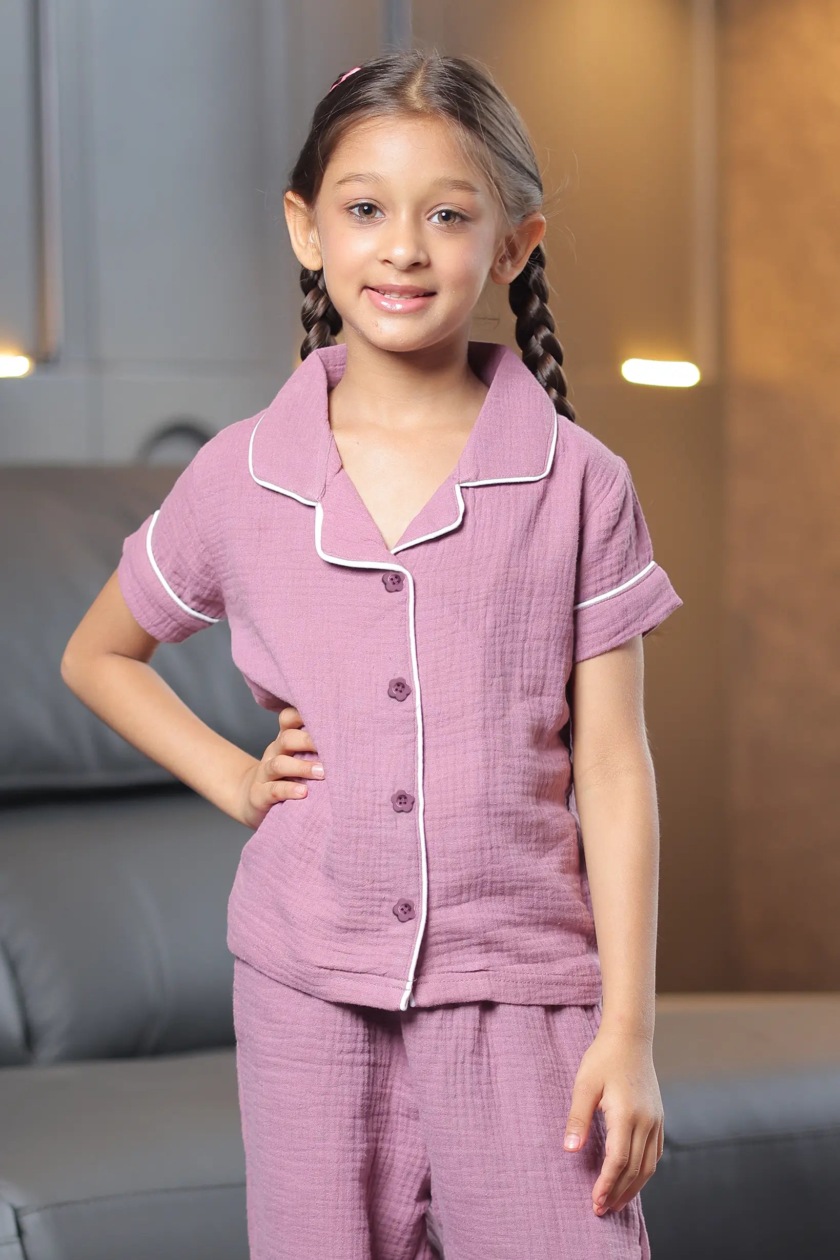 Burgundy Crinkled Muslin Kids Pyjama Set