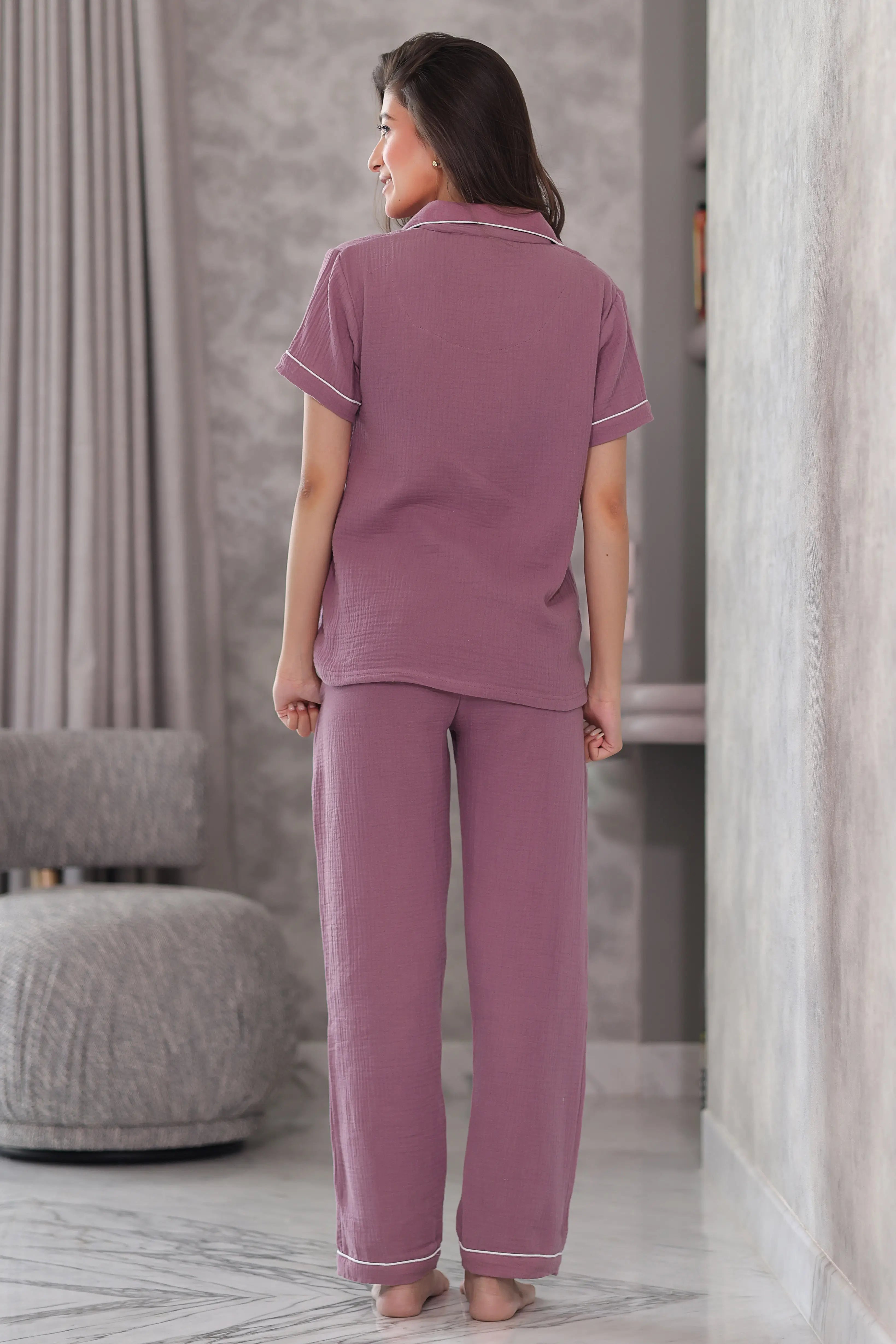 Burgundy Crinkled Muslin Pyjama Set
