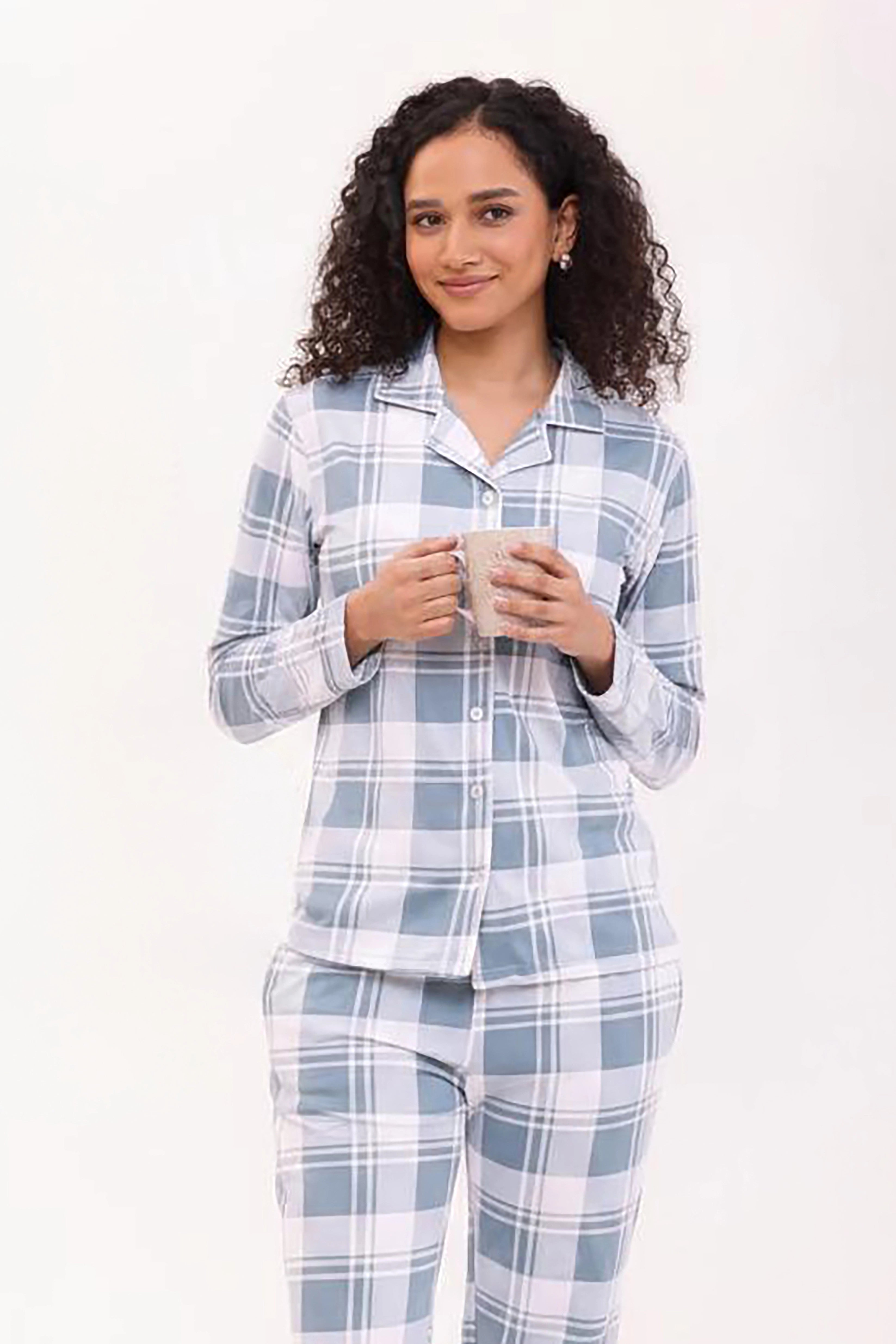 Azure Checks Full Sleeves Cotton Pyjama Set