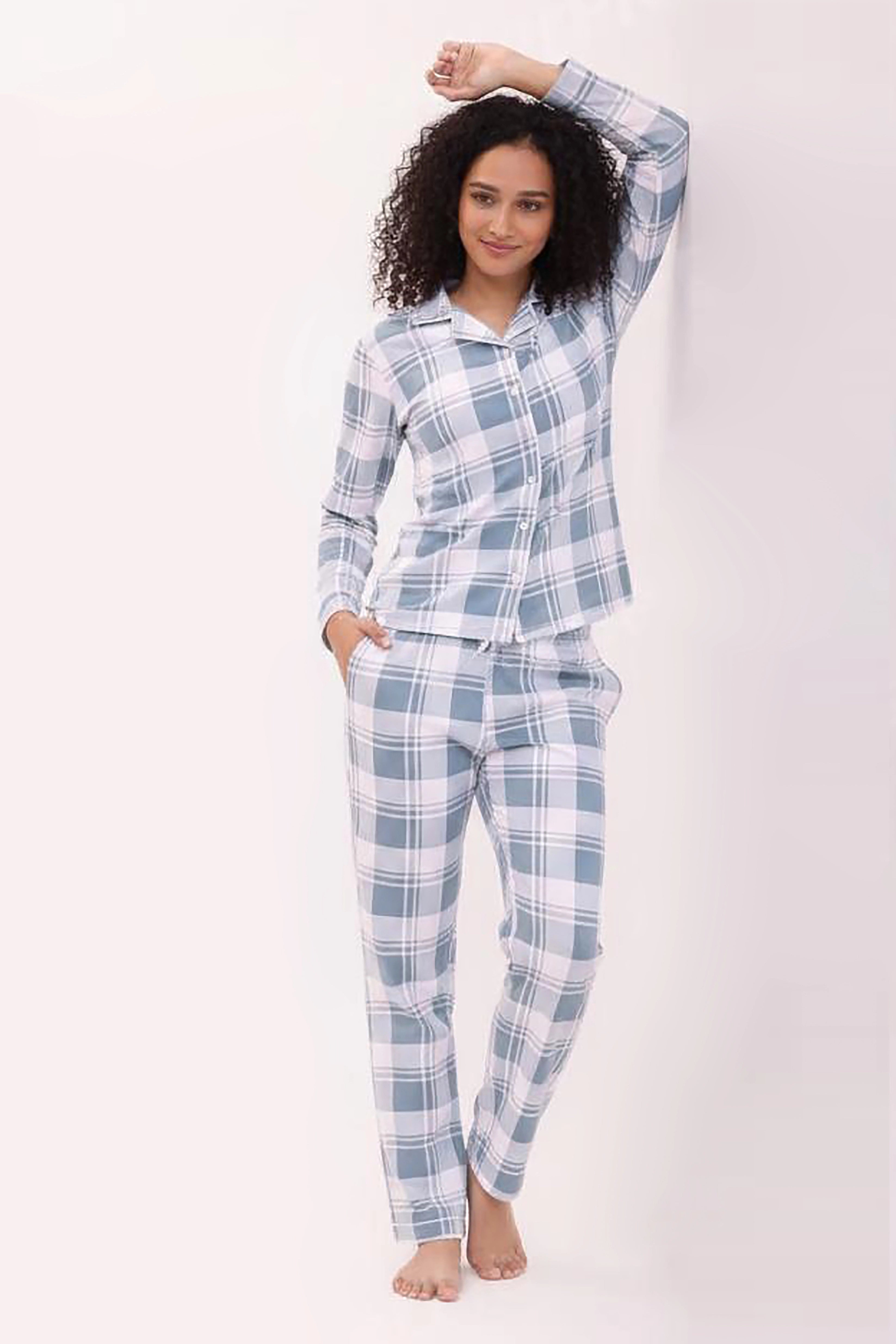Azure Checks Full Sleeves Cotton Pyjama Set