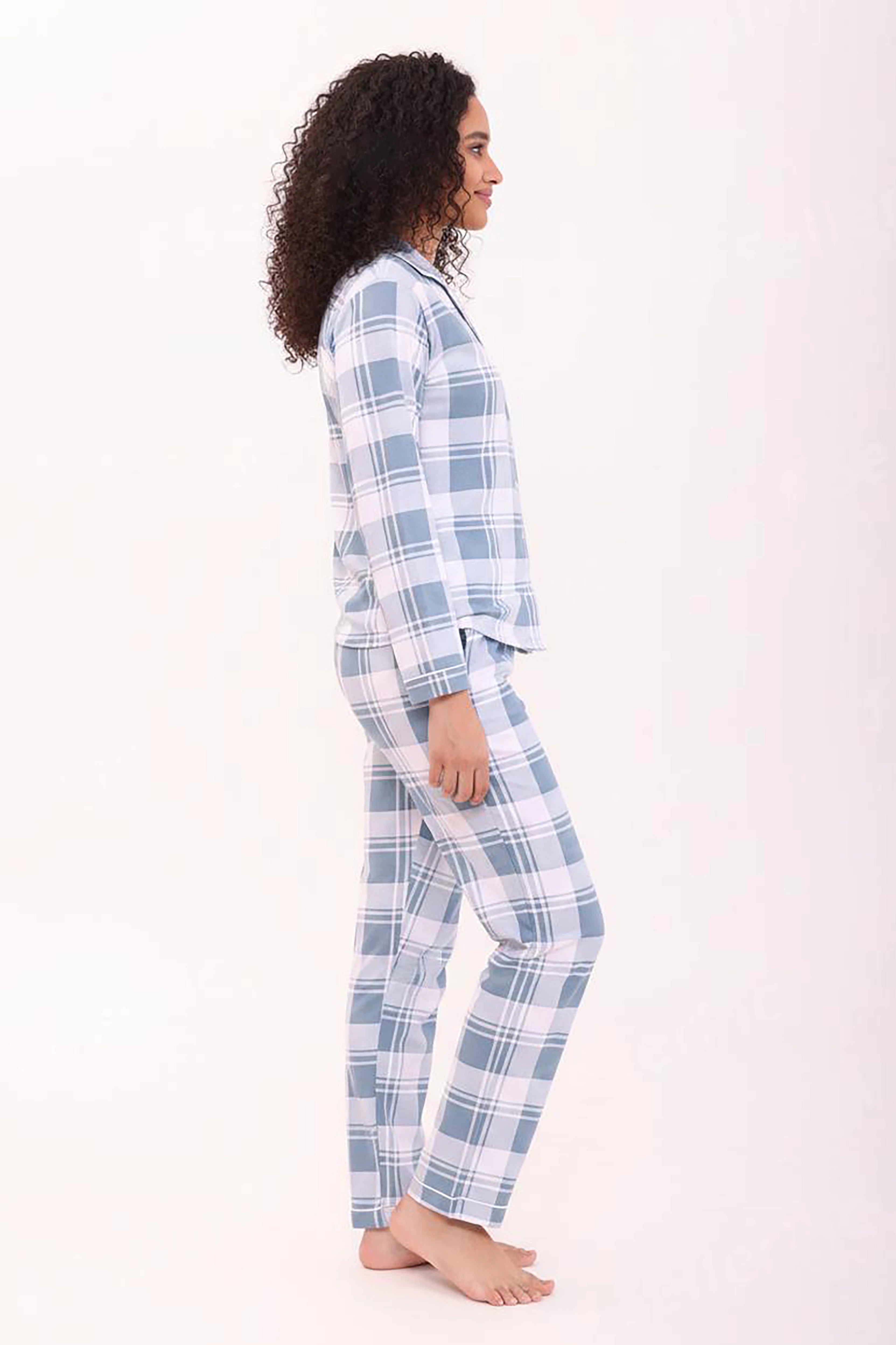 Azure Checks Full Sleeves Cotton Pyjama Set