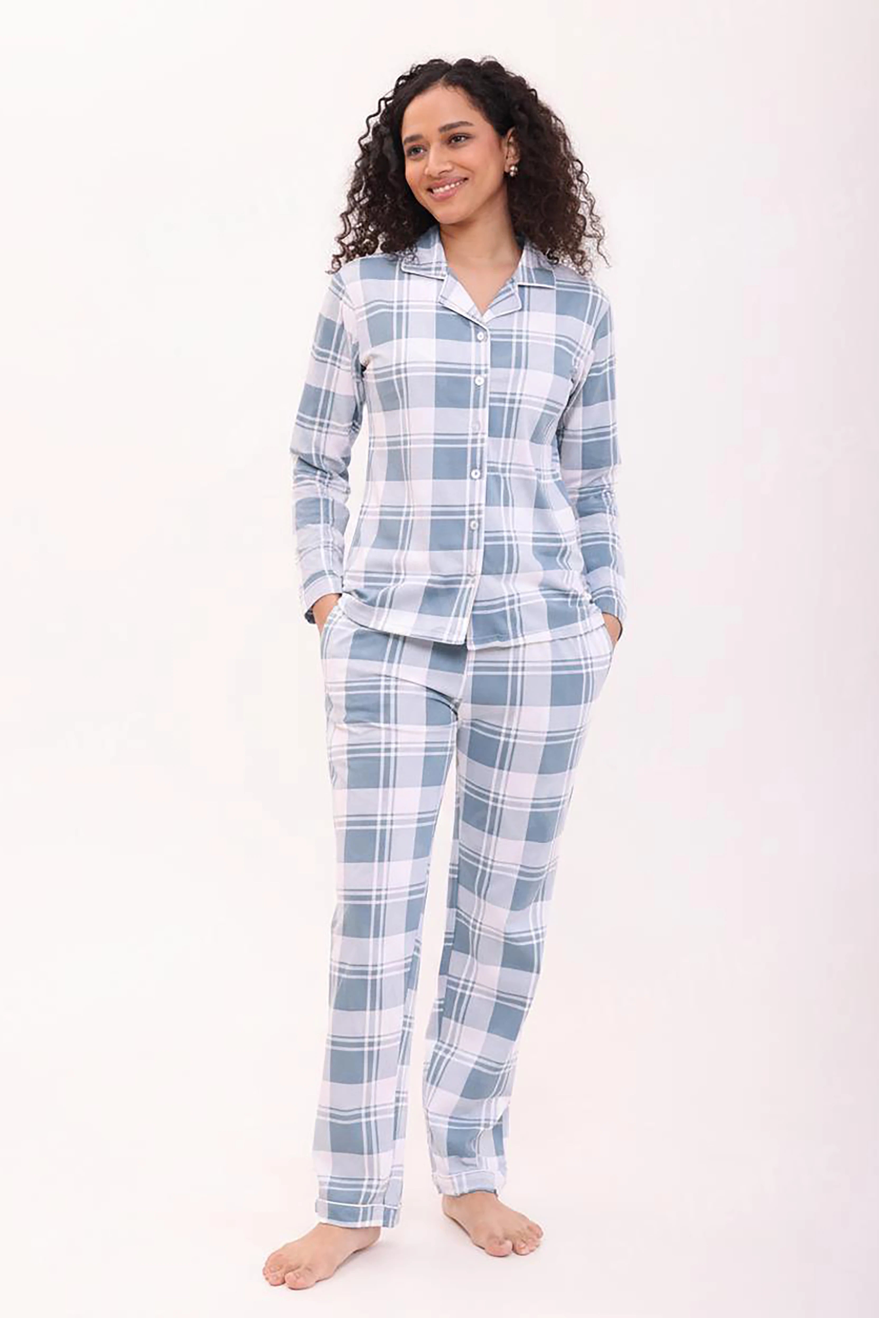 Azure Checks Full Sleeves Cotton Pyjama Set