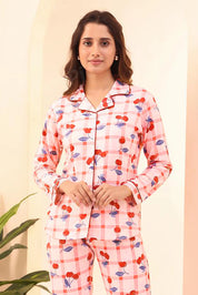 Cherry Print Full Sleeves Pyjama Set