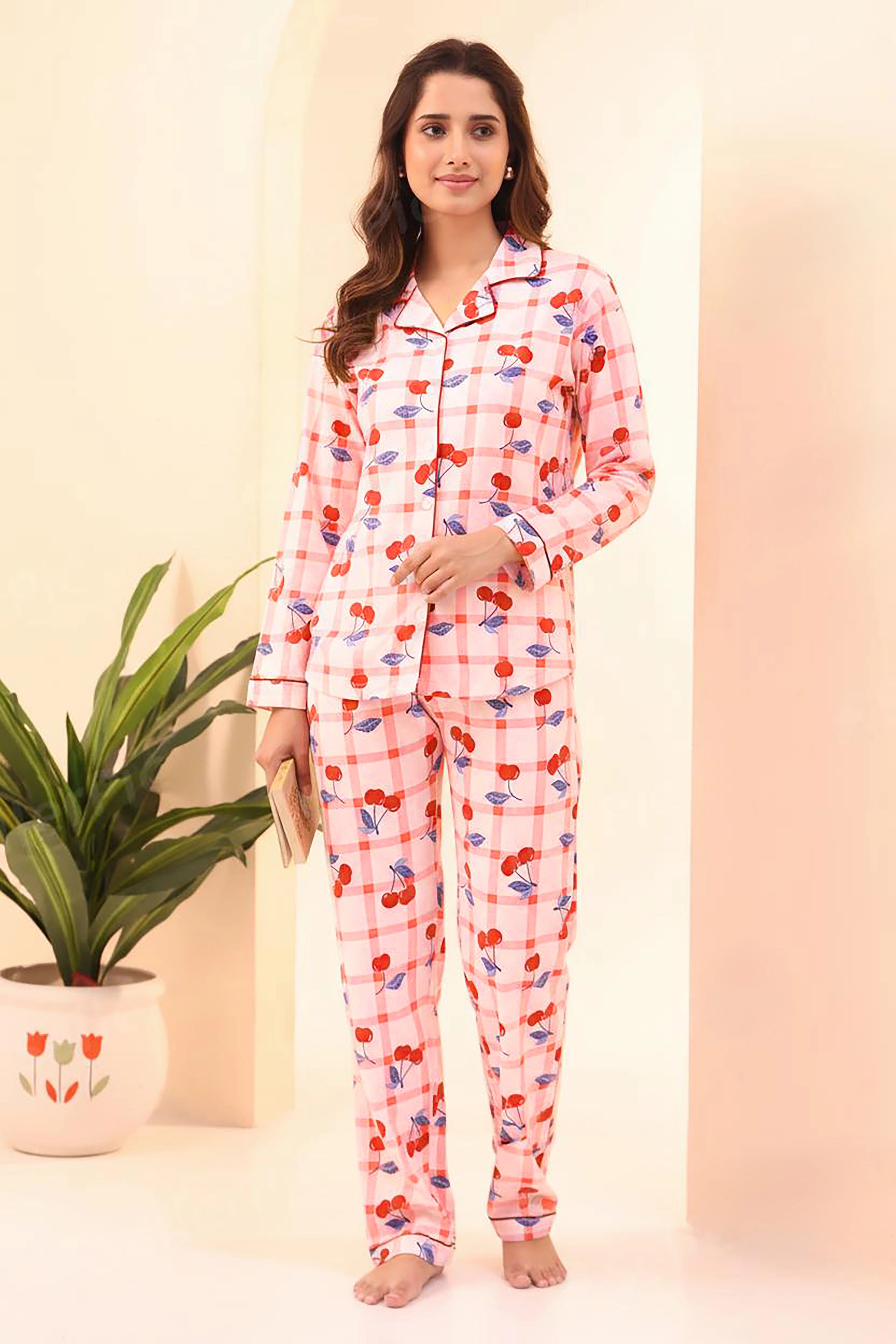 Cherry Print Full Sleeves Pyjama Set