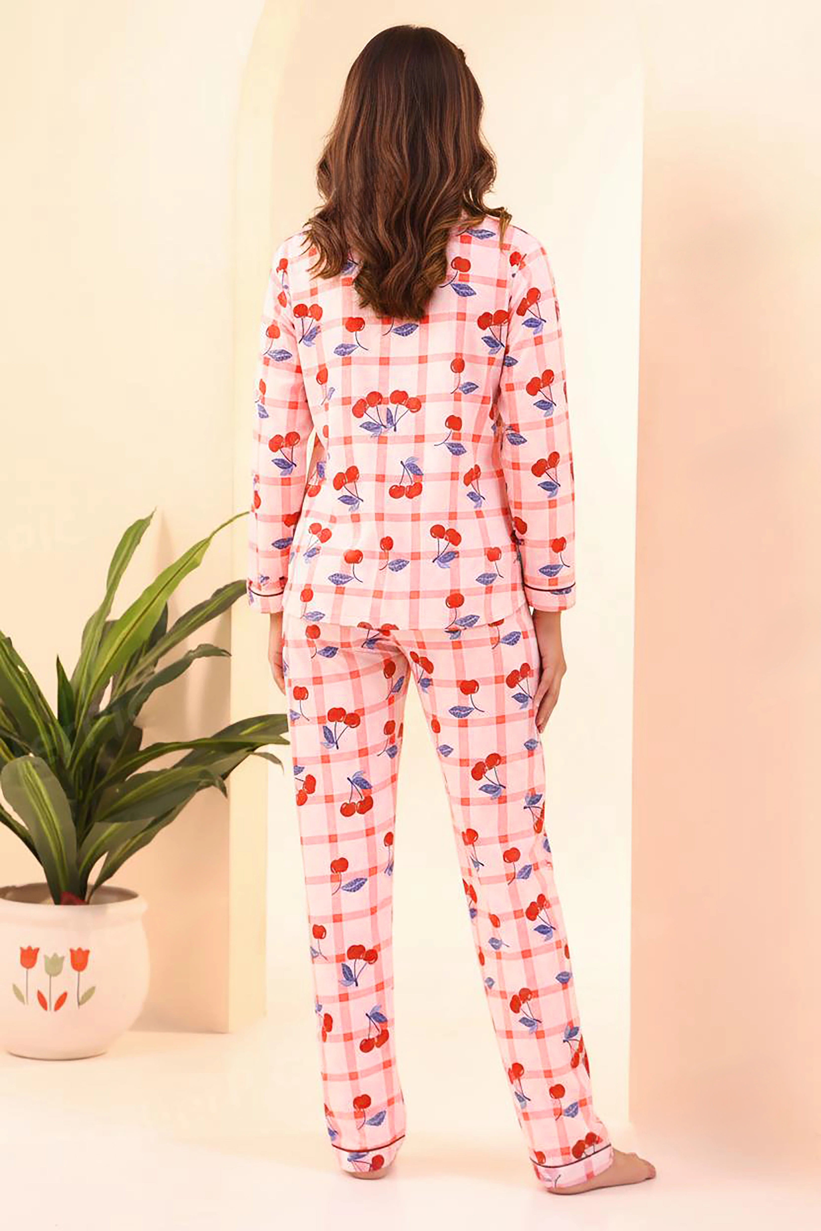 Cherry Print Full Sleeves Pyjama Set