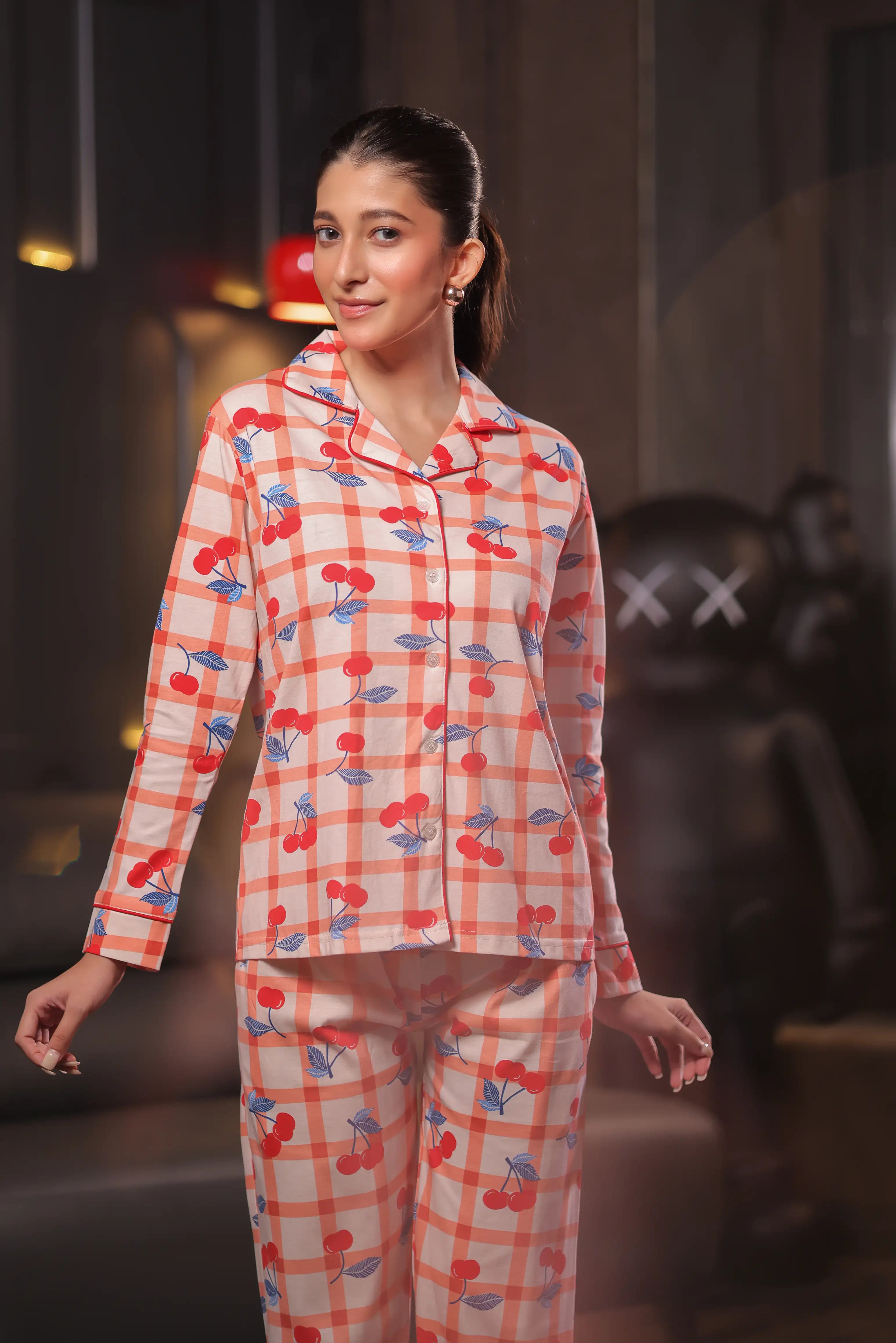 Cherry Print Full Sleeves Pyjama Set