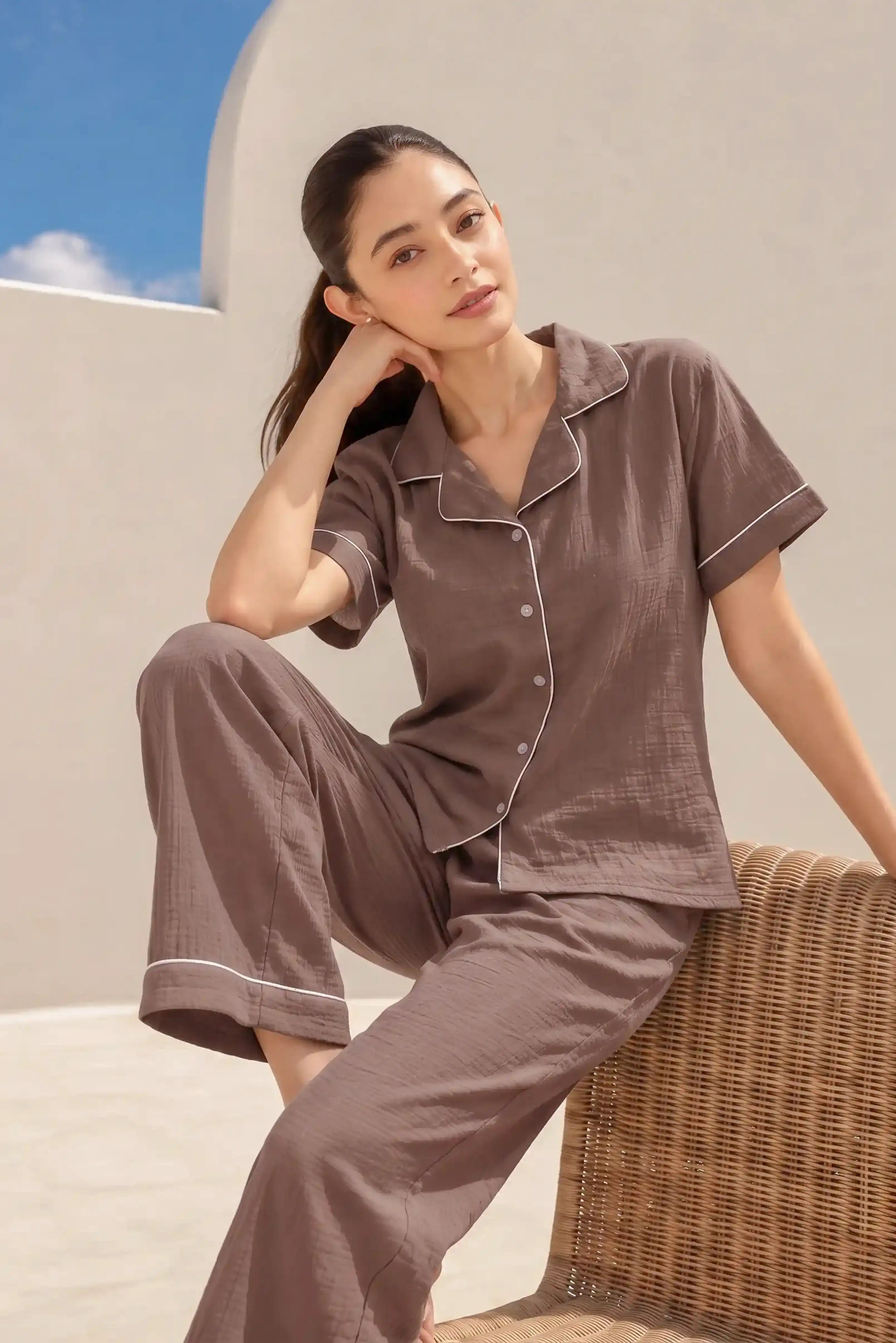 Coffee Muslin Pyjama Set