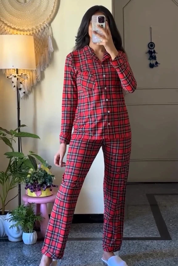 Crimson Checks Full Sleeves Pyjama Set - NapStory