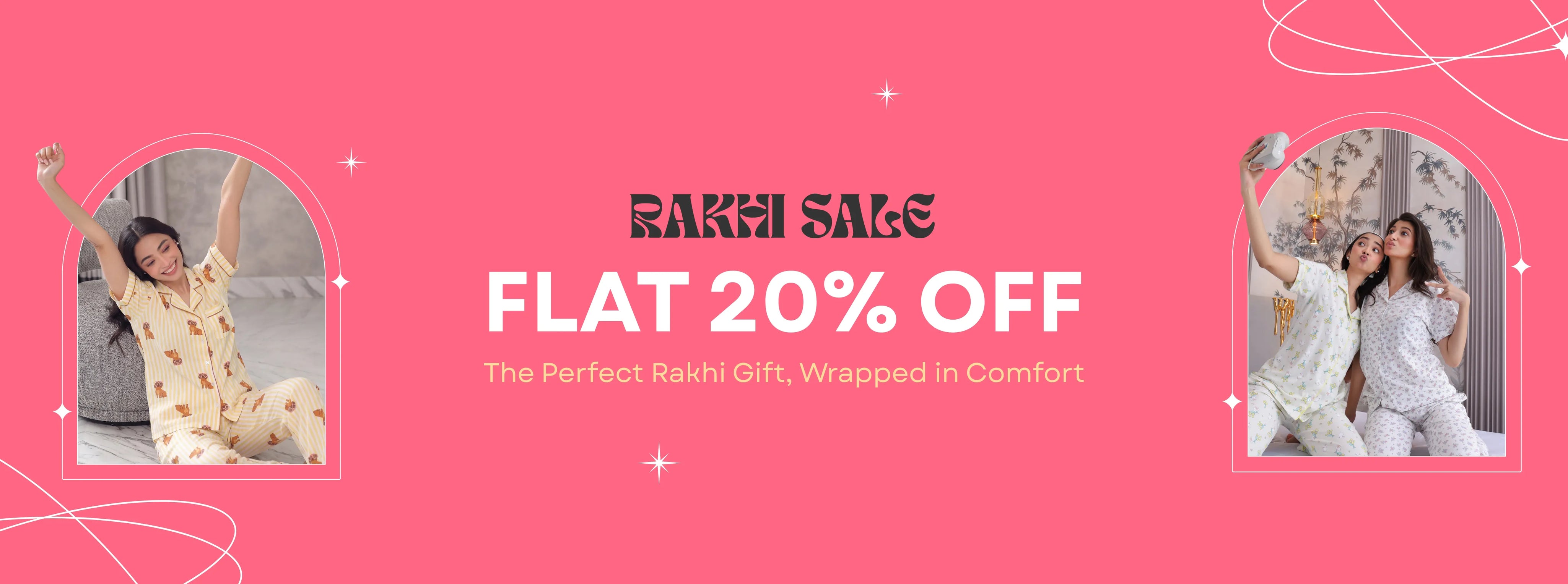 Promotional banner for 'Rakhi Sale' featuring a flat 20% off. The design has a bright pink background with two arched frames showing models wearing light-colored pajamas, one in yellow and white patterned pajamas and the other in white pajamas.