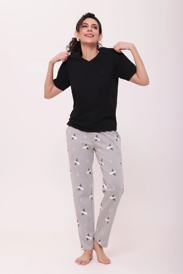 Black V-neck Tee & Featherlight Pyjama Lounge Set