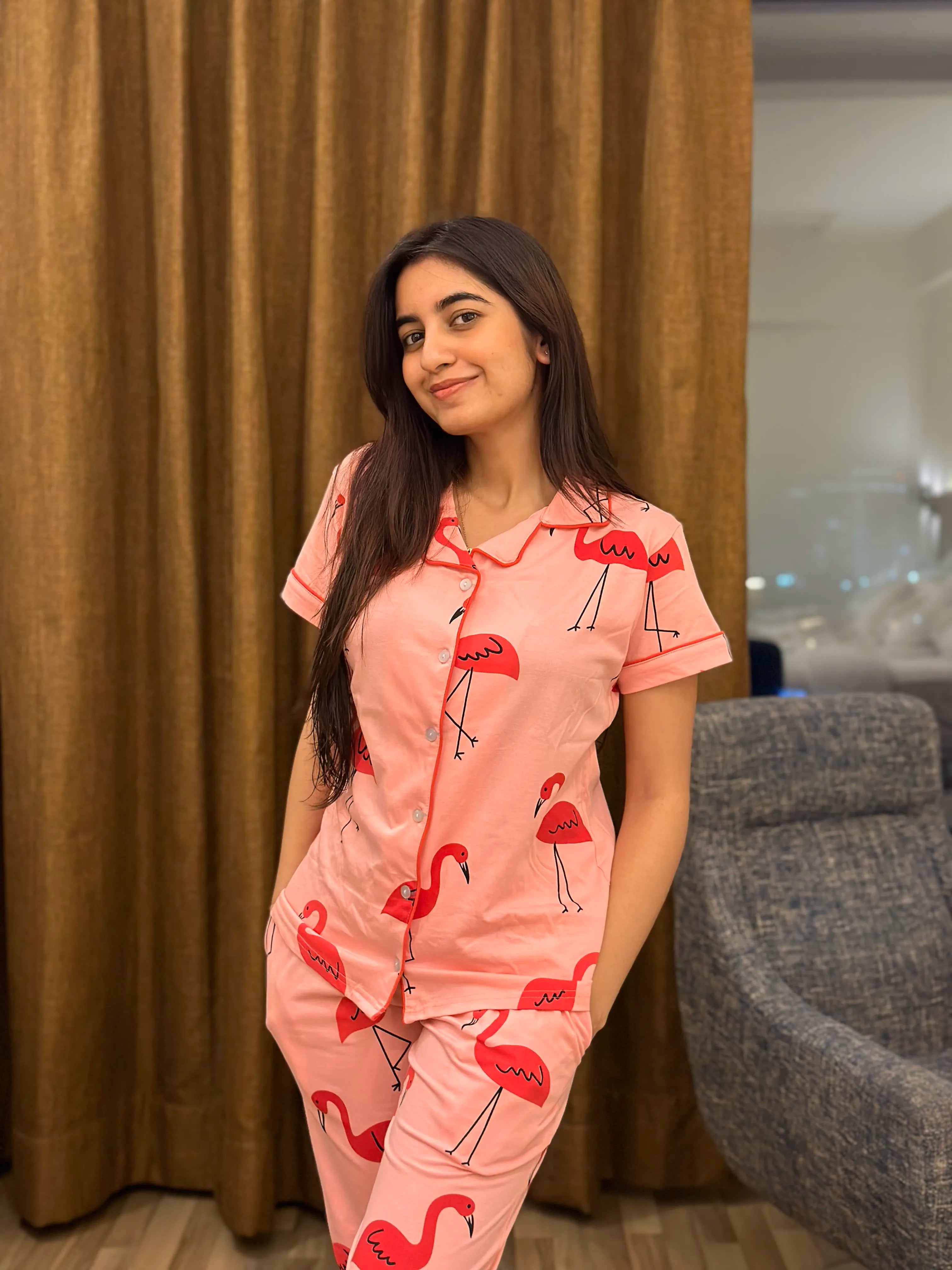 Back View of Flamingo Print Pyjama Set - Trendy Printed Nightwear