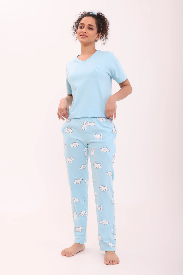 Sky Blue V-neck Tee & Fluffy Dreams Pyjama Lounge Set