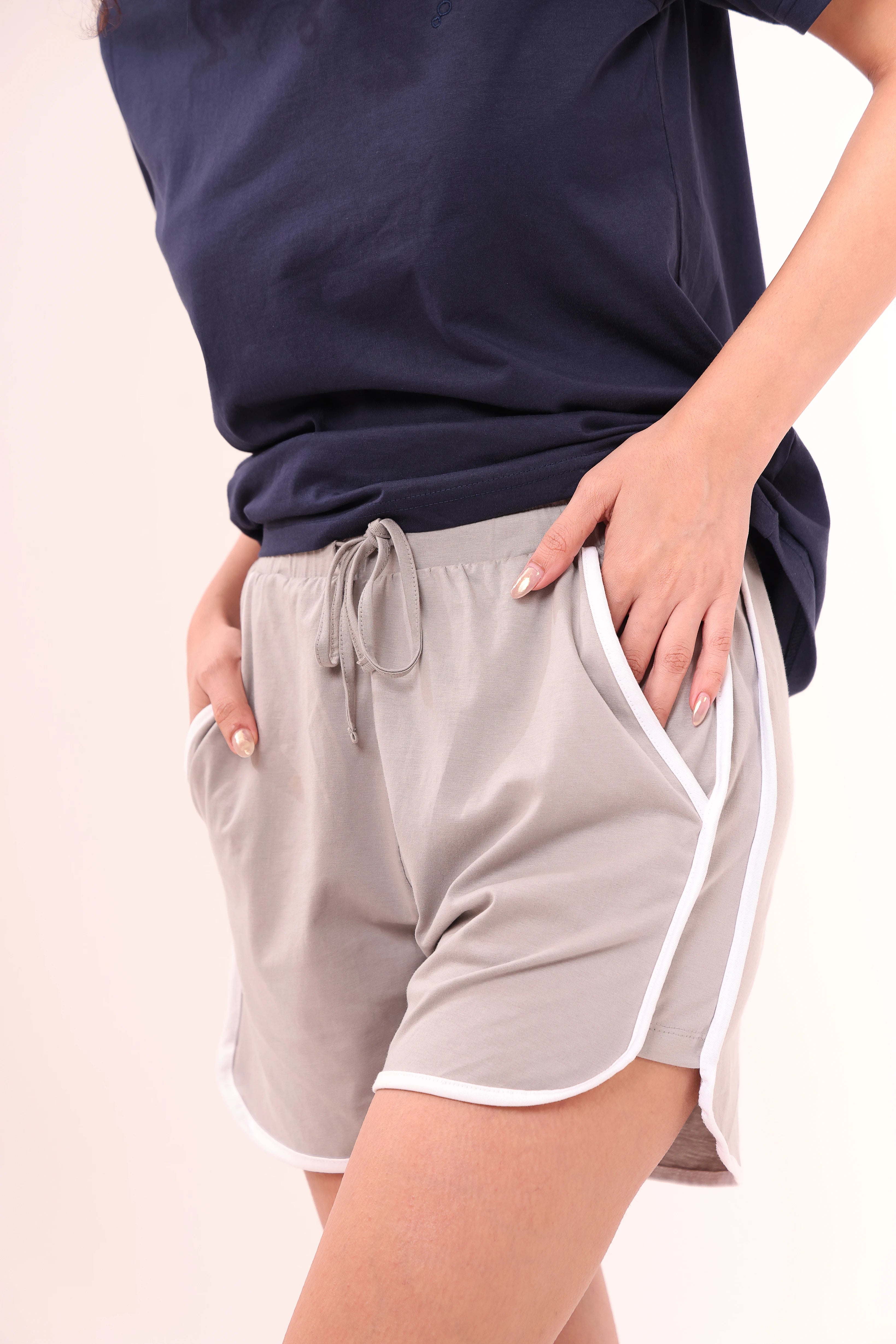 Navy Blue Tee & Grey Piped-Up Shorts Lounge Set